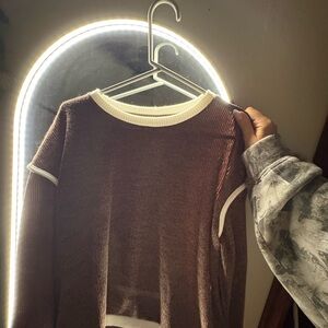 Brown Knit Sweater with White Trim